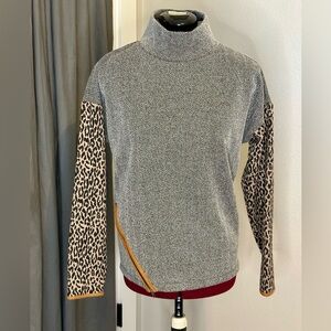 THML Mockneck Top with Leopard Print Sweater Sleeves